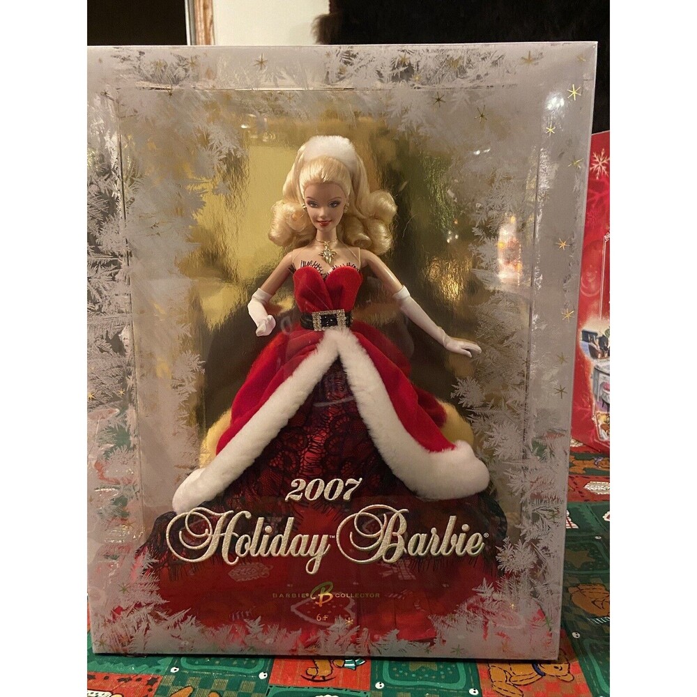 Barbie 2007 'Holiday Barbie' Collector Doll Red Velvety Dress Black Detail Blond